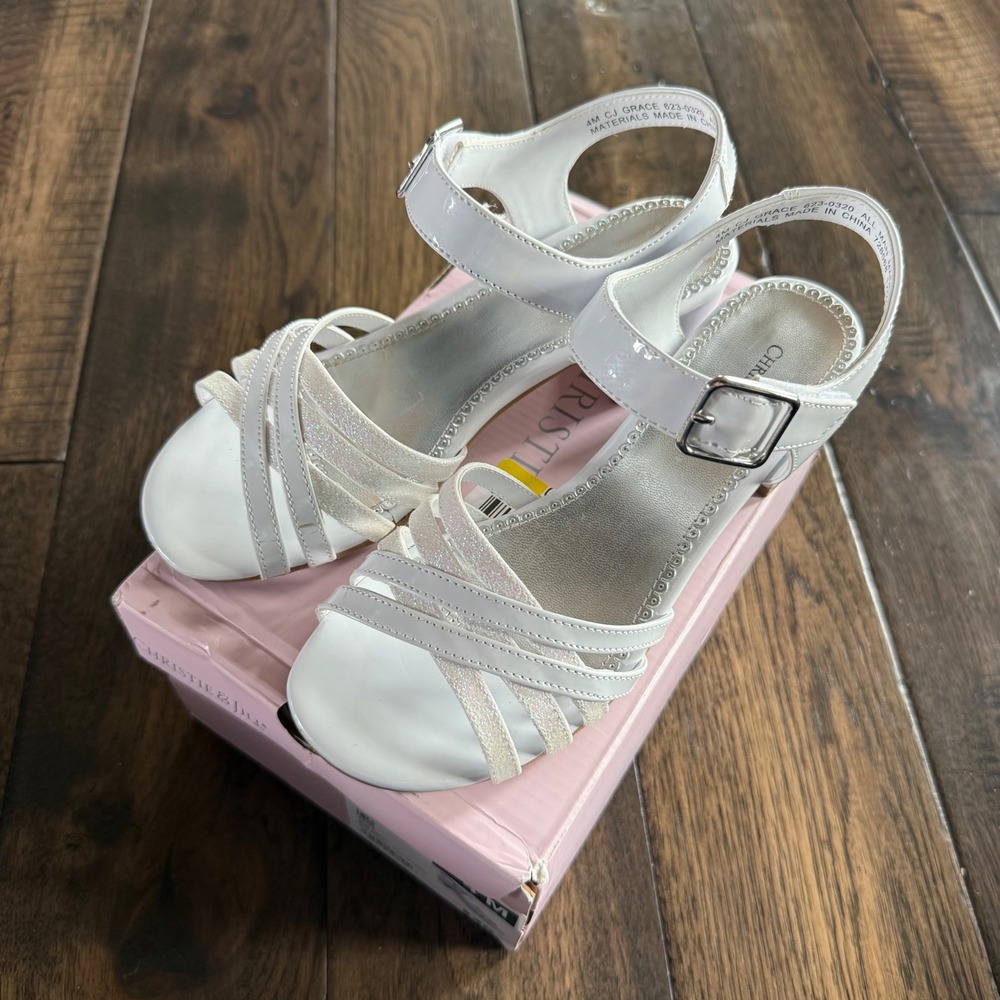Christie & Jill CJ Grace White Sparkle Block Heel Sandals Kids Size 4M